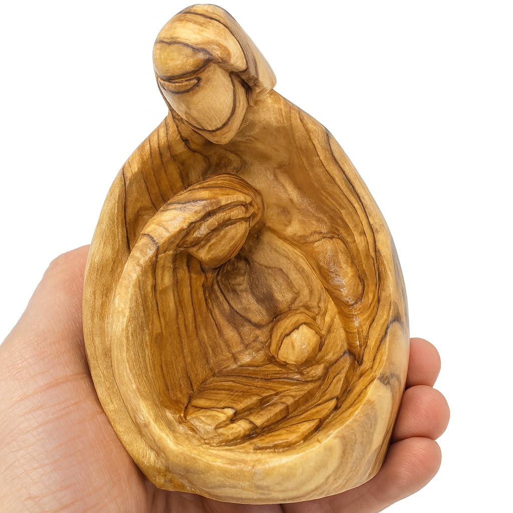 Zuluf Hand-Carved Olive Wood Holy Family Statue – Mary, Joseph & Baby Jesus Nativity Scene for Christmas Decor – Catholic Wooden Figurine 4.3" for Home or Church Display – HOF001