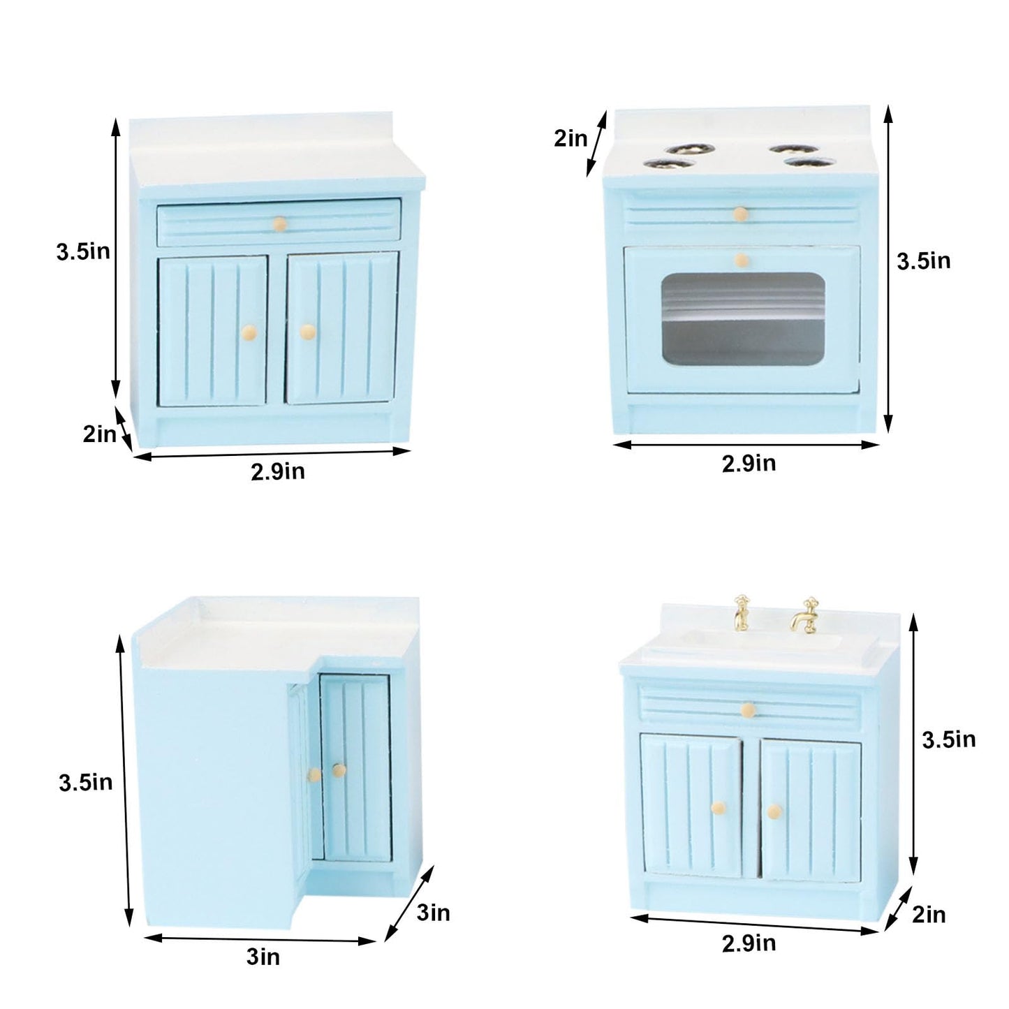 Miniature Furniture Dollhouse Kitchen Cabinets Set 1:12 Scale Wooden Model Freely Combined 4PCS Mini House Accessories Furnishings Kit Decoration Gift (Blue)