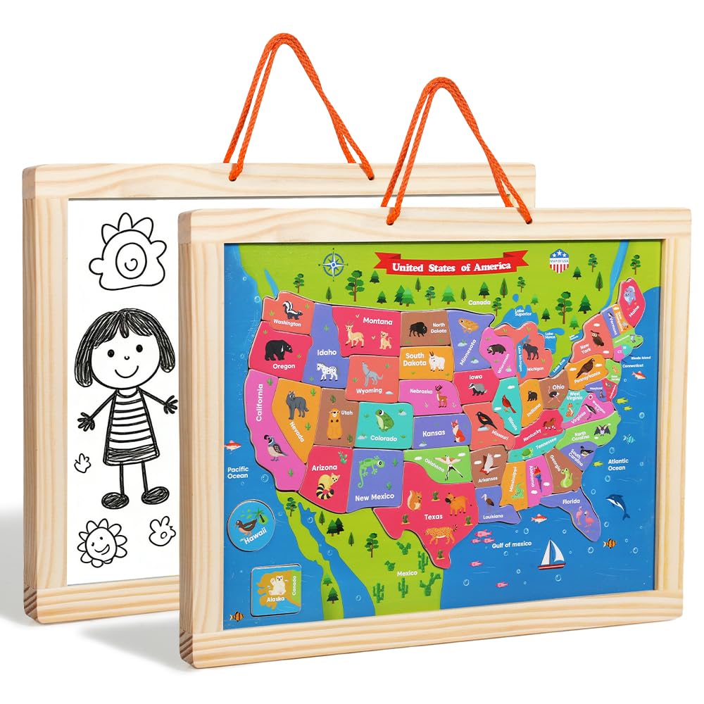 GRINNIE USA Map Puzzle for Toddlers 3 4 5 Years Old, Magnetic Wooden Jigsaw Learning Puzzle with Writing Board for Kids Age 4-6, Preschool Educational Toy Gift for Boys Girls Birthday Christmas