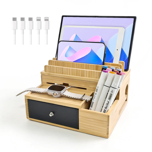 PERFECYEE Bamboo Charging Organizer for Multi-Devices, with Drawer and Pen Holder, Nightstand Desk Charging Stations Electronic Organizer for Cell Phone, Tablet, Etc (with 5-Cable, No USB Charger)