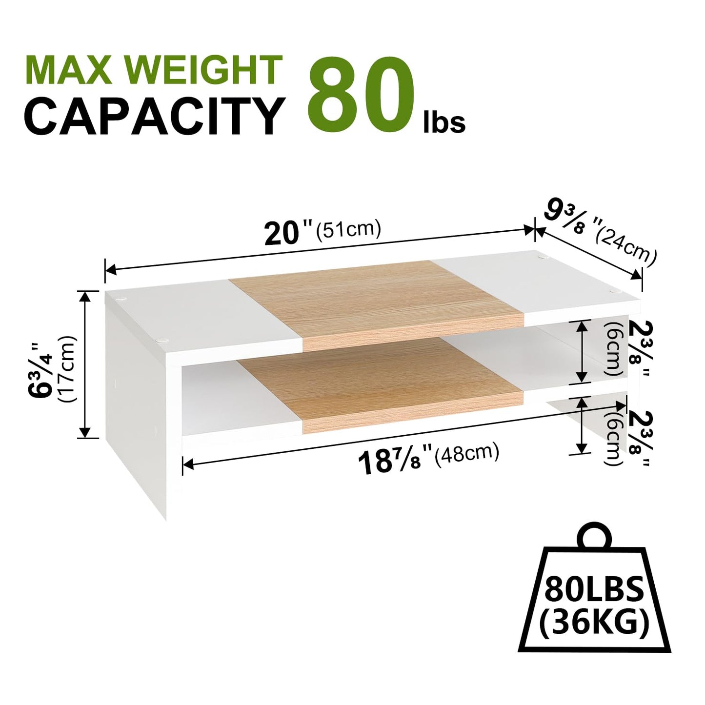 TEAMIX 2 Tiers Desktop Monitor Stand Riser 20 Inch Printer Stand with Storage Small TV Riser Laptop Wooden Desk Organizer Shelf Bookshelf Maple (White+Maple, 2 Tiers)