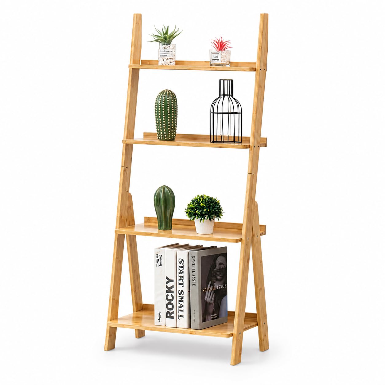 Maydear Bamboo Ladder Shelf Bookcase, 4-Tier Leaning Bookshelf Free Standing Organizer Storage Shelves for Living Room, Bedroom, Kitchen, Home Office, Balcony, Wood Color
