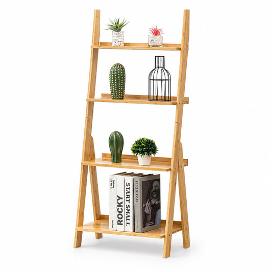 Maydear Bamboo Ladder Shelf Bookcase, 4-Tier Leaning Bookshelf Free Standing Organizer Storage Shelves for Living Room, Bedroom, Kitchen, Home Office, Balcony, Wood Color