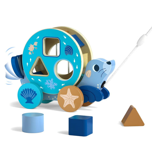 LOVELAND Wooden Seal Pull Along Toy, 3-in-1 Interactive Walker for Toddlers 1-3 with Rattle Ball & Shape Sorter, STEM Educational Push Pull Walking & Crawling Toy for Baby Boy Girl Birthday Gifts