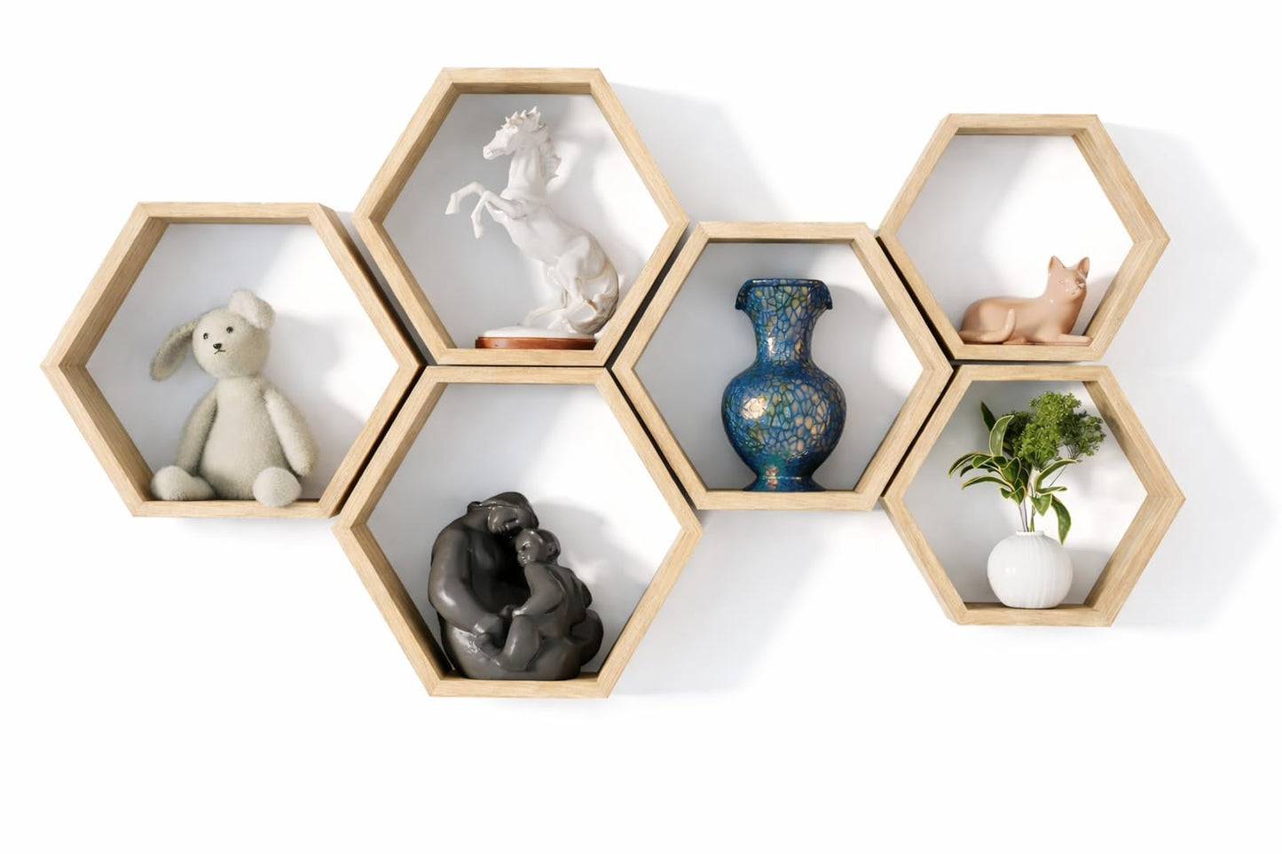 Decovate Hexagon Floating Shelves Set of 6 Honeycomb Shelves for Wall, Wooden Hexagon Shelves for Farmhouse Storage. (Natural Wood)