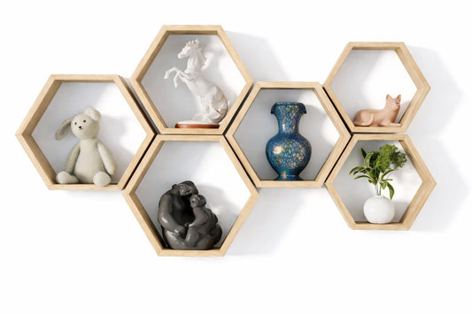 Decovate Hexagon Floating Shelves Set of 6 Honeycomb Shelves for Wall, Wooden Hexagon Shelves for Farmhouse Storage. (Natural Wood)