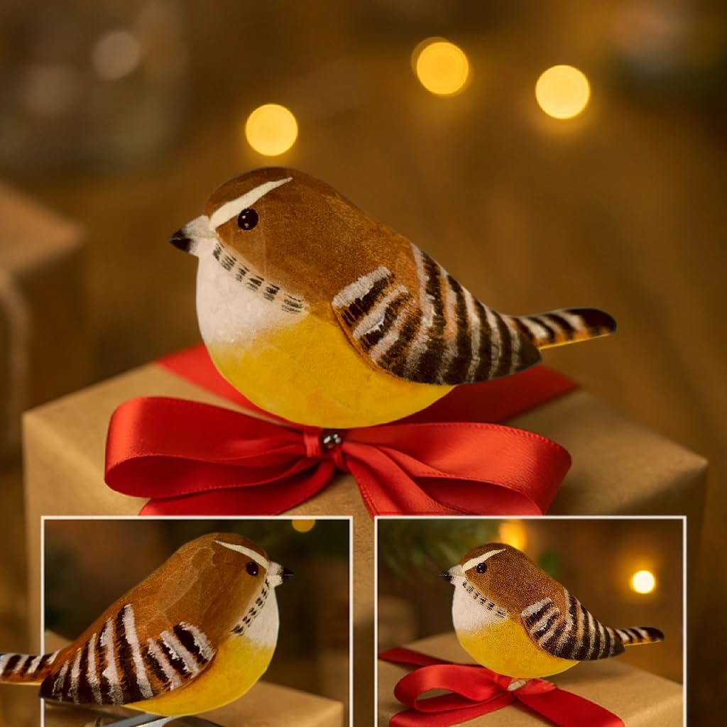 Clip-On Wooden Carolina Wren Ornament with Gift Box - Hand-Carved Wooden Bird for Christmas Tree, Wreaths & Gifts, Rustic Woodland Décor