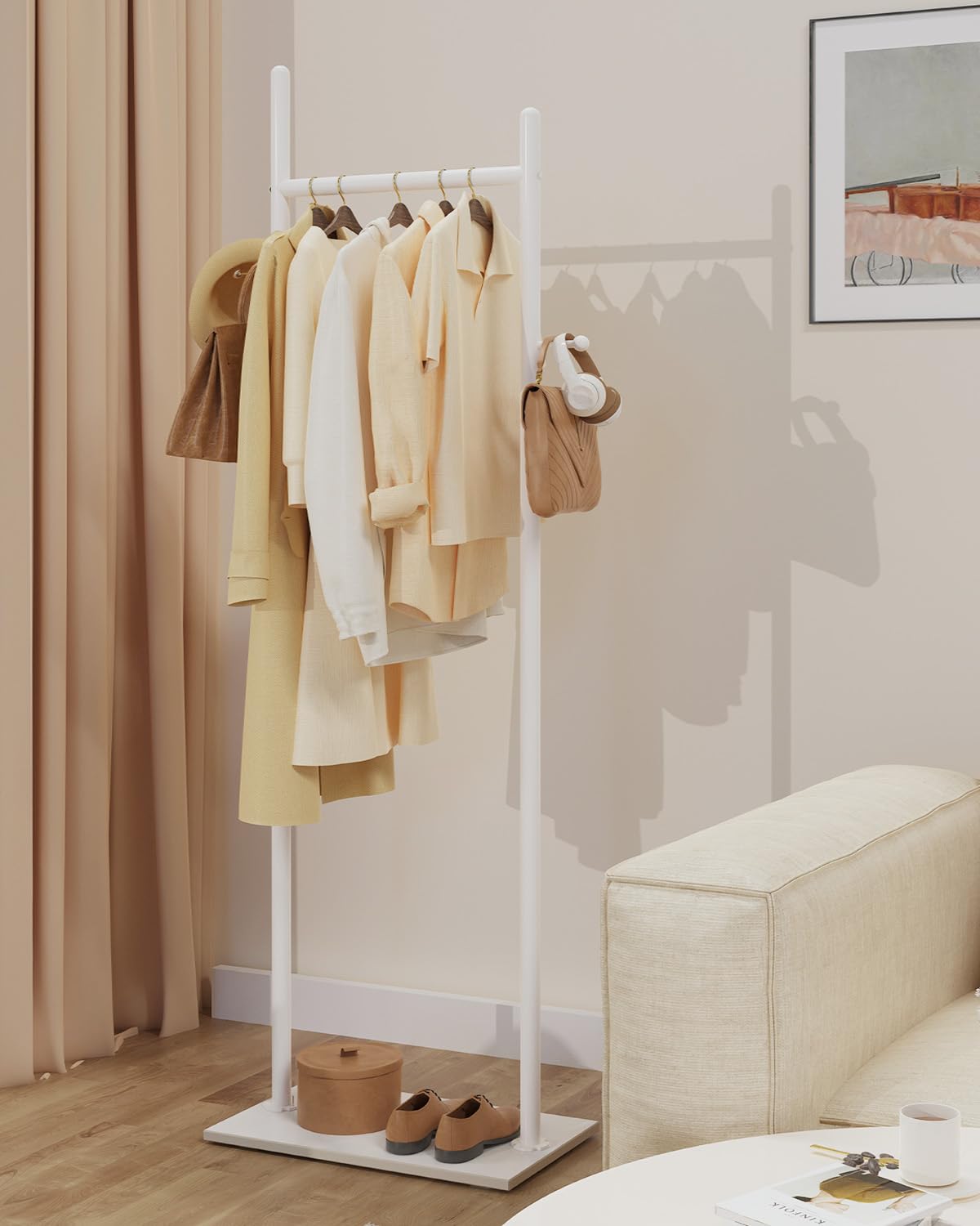 GUOHNHE Large Metal Coat Rack Freestanding, Modern Coat Hanger Stand with 2 Hooks and Heavy Rock Slab Base, Industrial Clothes Rack, Garment Rack, 19.7 x 11.8 x 68.9 In, White, GYJ202MW