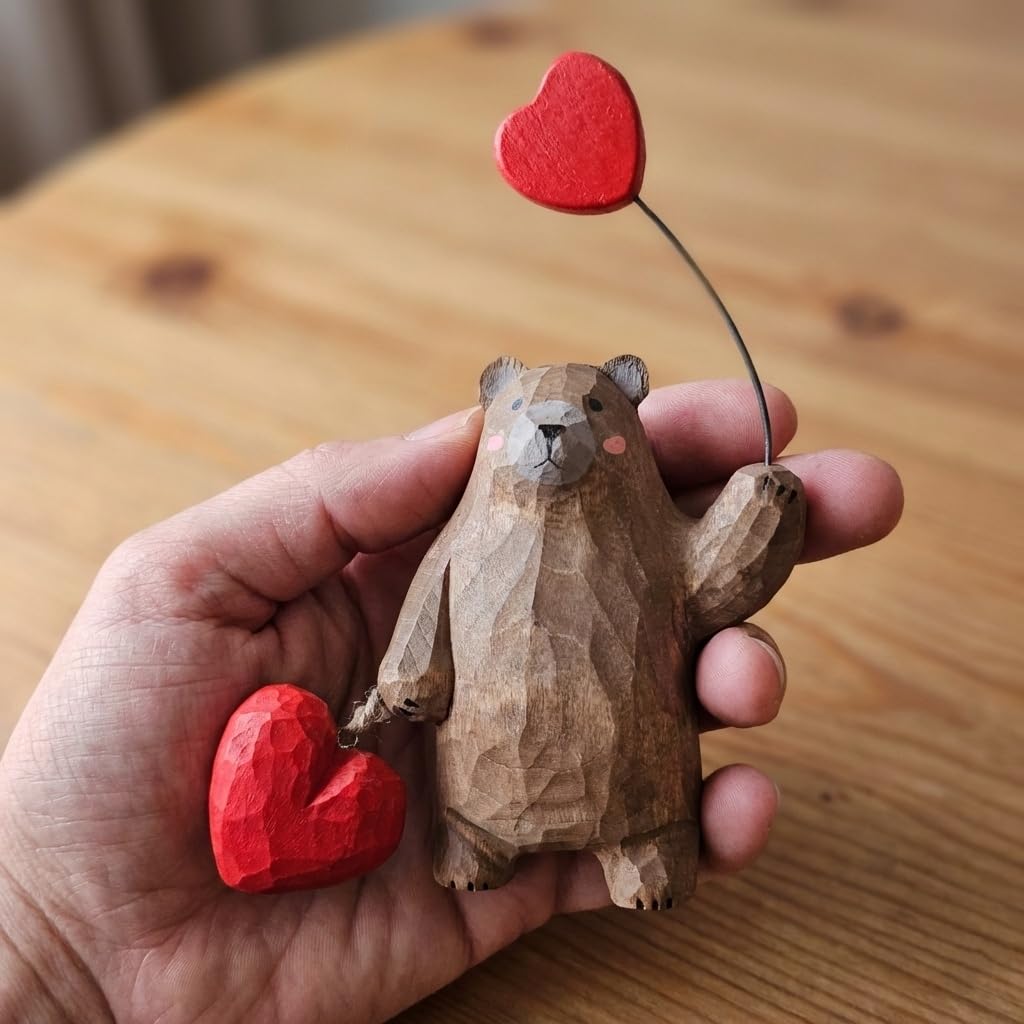 Hand Carved Wooden Bear Figurine with Red Heart - Cute 4 Inch Animal Statue for Rustic Home Decor - Romantic Valentine's Day, Anniversary, & Birthday Gift for Her, Him, or Couples - Gift Box Included