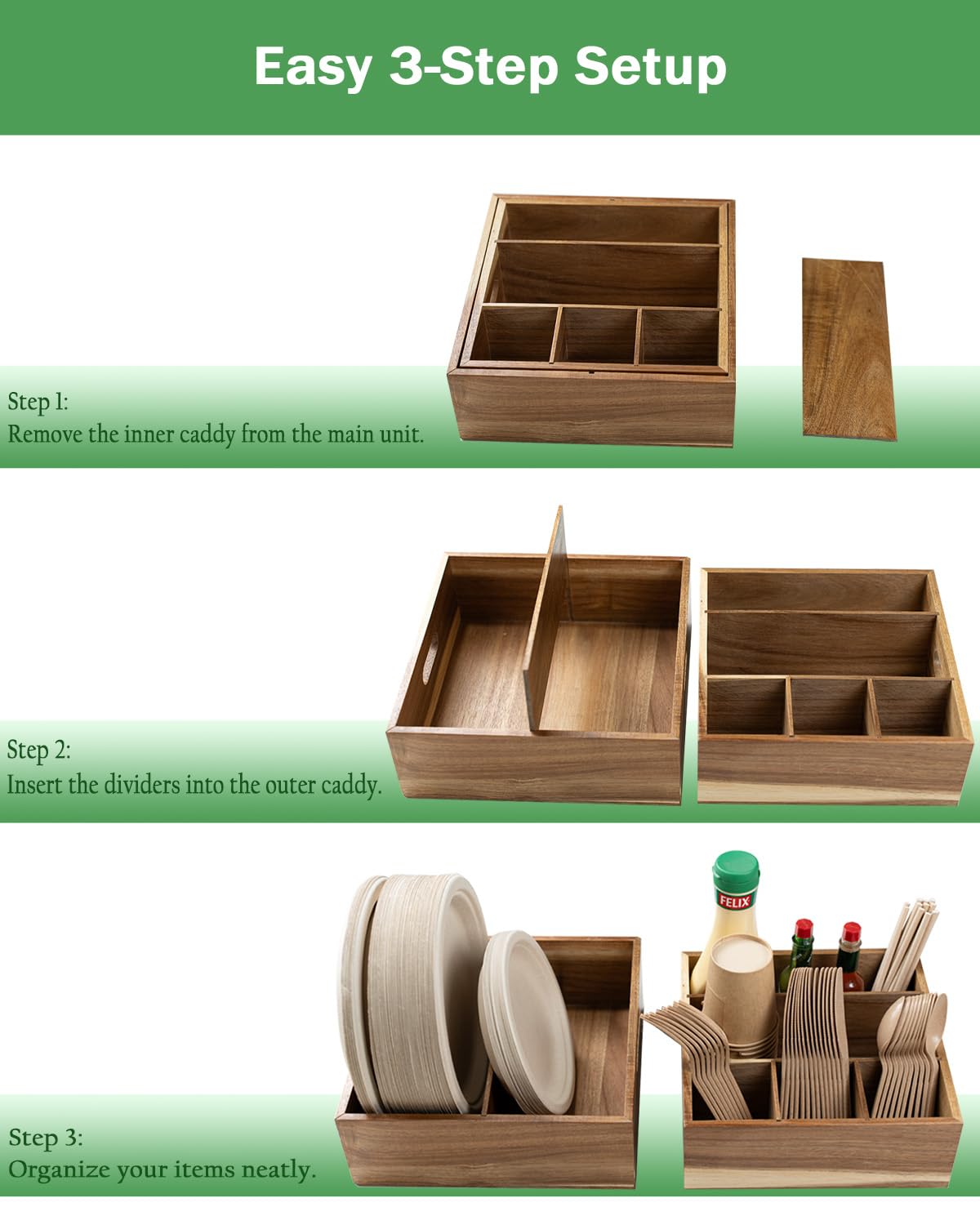 Acacia Wood Utensil Holder for Party (Set of 2) - 11" x 9.5" Utensil Caddy for Parties & Silverware Caddy for Countertop - Holds Plates, Napkins, Cups, Spoons, Forks - Kitchen Accessories