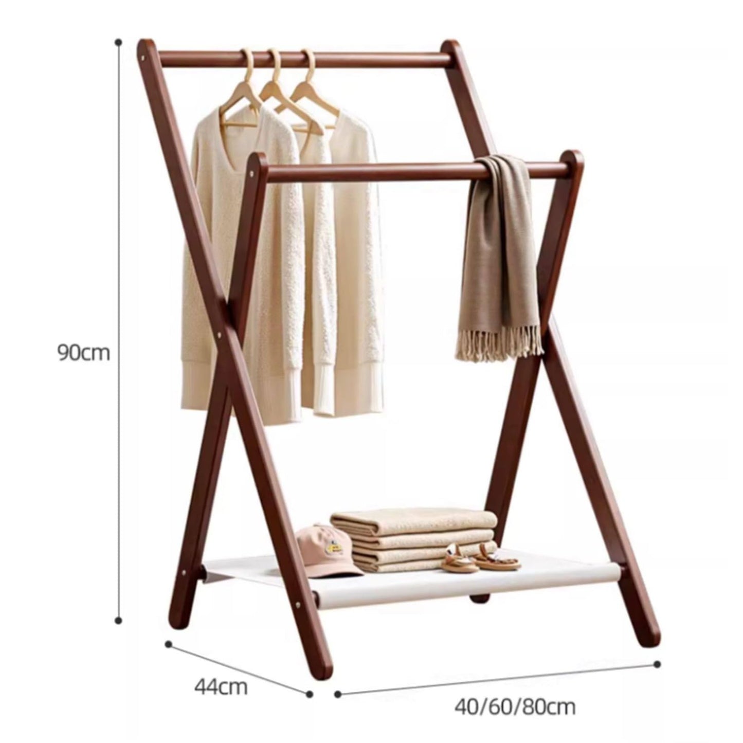 Labasuan 2-Tier Wooden Towel Rack, Foldable Blanket Ladder with Fabric Shelves, Portable Garment Coat Rack for Entryway,Bedroom, Living Room, Bathroom(Natural,40cm/15.7in)