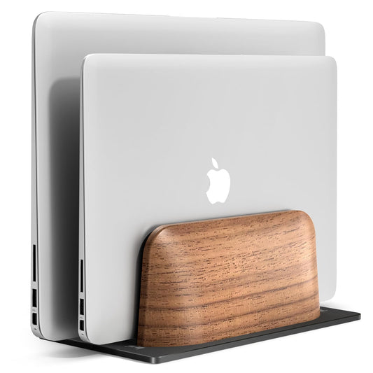 UPERGO Vertical Laptop Stand, Dual Slot Wooden Laptop Holder Vertical for Desk, Width Adjustable Dock for MacBook Pro and Other Laptops