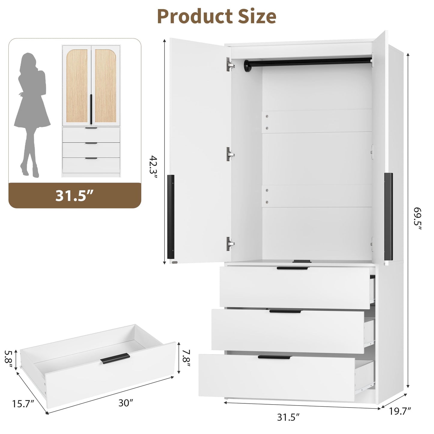 GarveeHome Armoire Wardrobe Closet, 69.5 in Wooden Wardrobe Cabinet with 3 Drawers, Hanging Rod, 2 Doors Clothing Storage Cabinet for Bedroom, Large Capacity Storage, Rattan Door, White