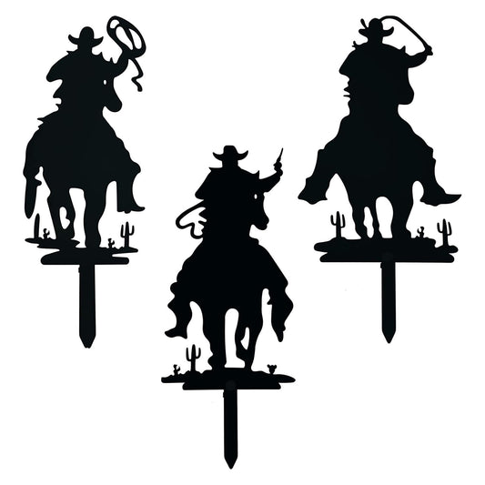 AMNGYOOK 3PCS Metal Garden Stake, Western Cowboy Silhouette Yard Sign Vintage Cowboy Decor Western Garden Flag for Home Garden Lawn Yard
