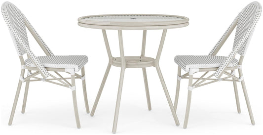 Martha Stewart Lily Pond 31” Round Indoor-Outdoor Bistro Dining Table with Aluminum Frame in Gray Woodgrain and Rattan Top in White/Gray with Tempered Glass Top