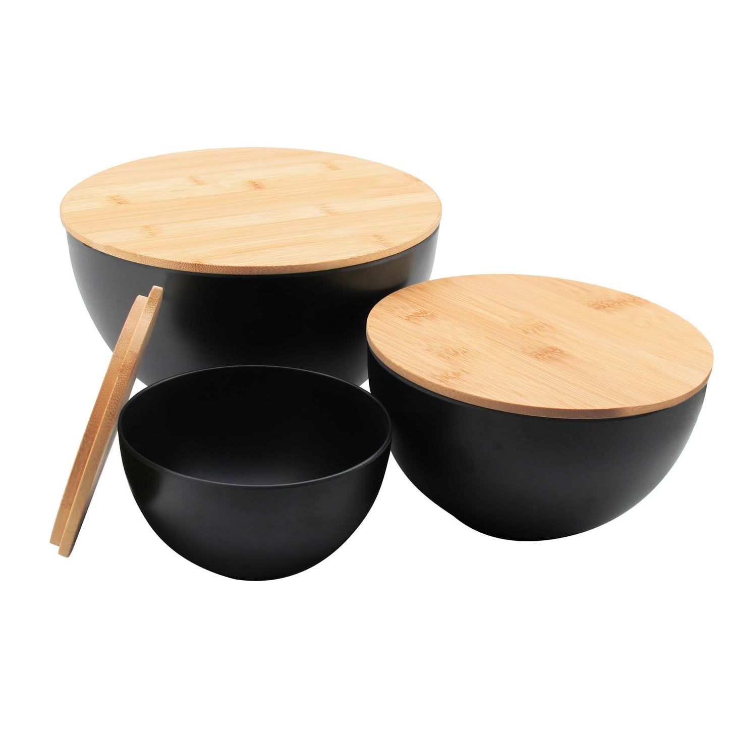 ECOWAY Salad Bowl Set of 3 with Bamboo Wooden Lids, Mixing Bowls Set, Nesting Bowls for Space Saving Storage, Made with Durable Eco-Friendly Bamboo Fiber, Great for Prepping and Serving Food, Black