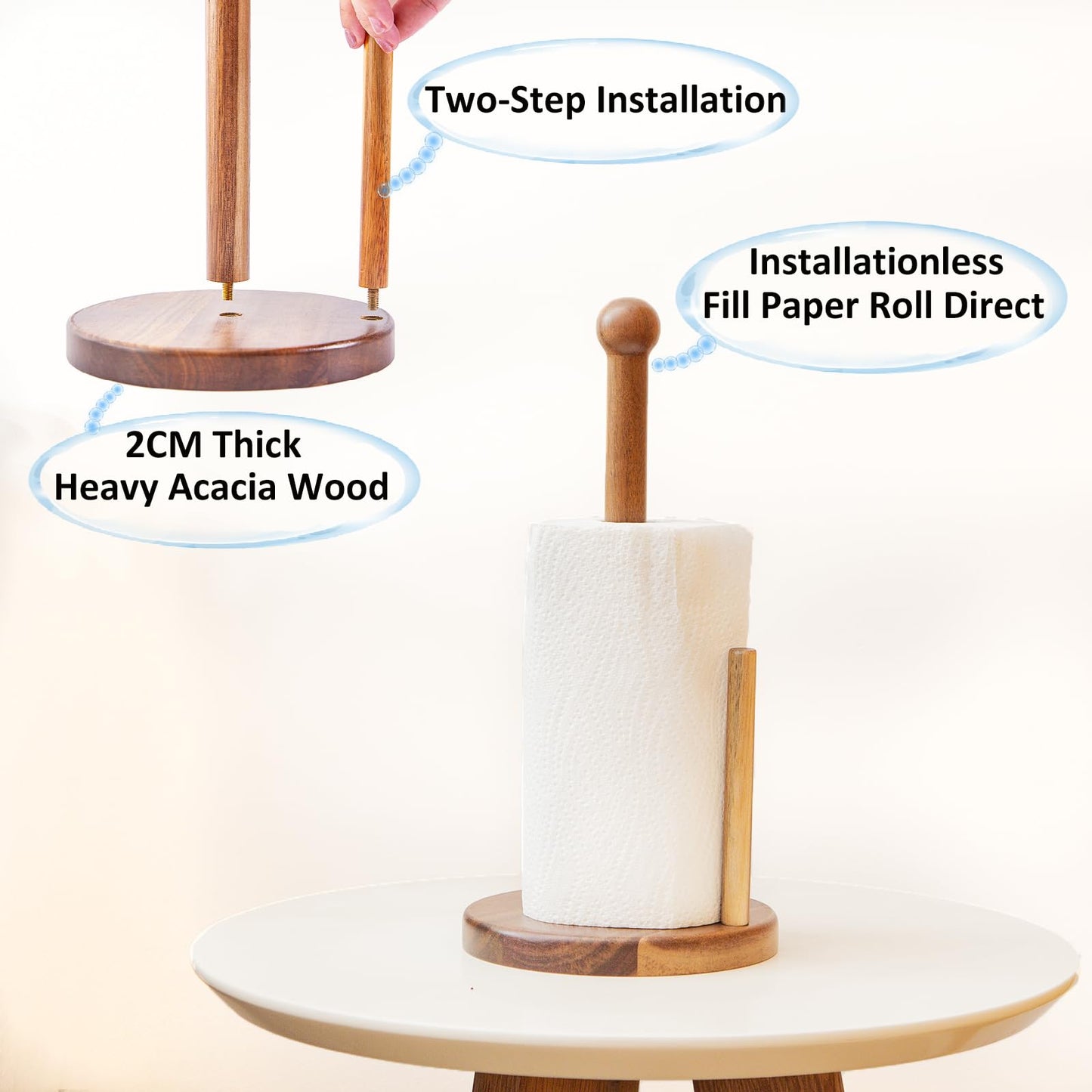 14" Acacia Wooden Paper Towel Holder, 6.7" Large Heavy Base Wooden Kitchen Towel Roll Stand Organizer Free Standing, Rustic Farmhouse Paper Towel Holder Stand, Standing Paper Towel Roll Holders