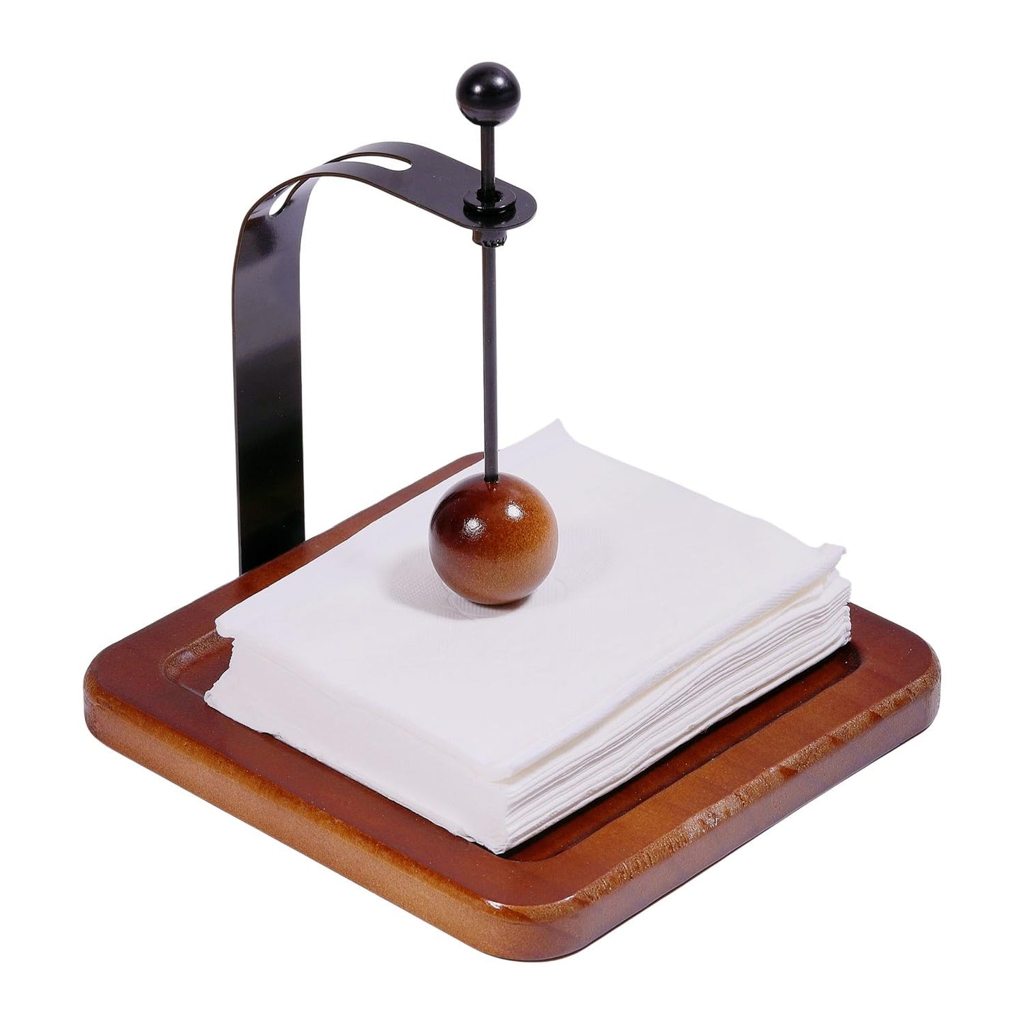 GLOBLELAND Wood Napkin Holder for Table 5.6"x5.6" Napkin Dispenser with Metal Weighted Arm Wooden Ball Square Cocktail Paper Holder for Kitchen Office Restaurant Cafe Home Decor