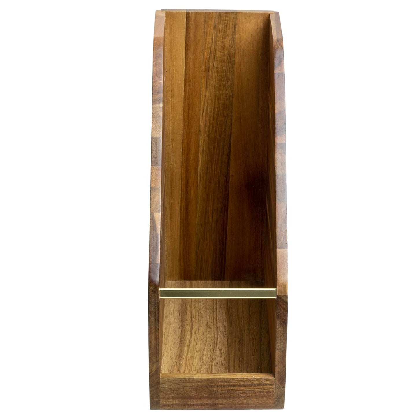 MyGift Premium Hotel Series Solid Acacia Wood Desktop Magazine File Holder Bin with Brass Tone Metal Accent, Vertical Office Desk Document Folder Binder Storage Organizer Rack