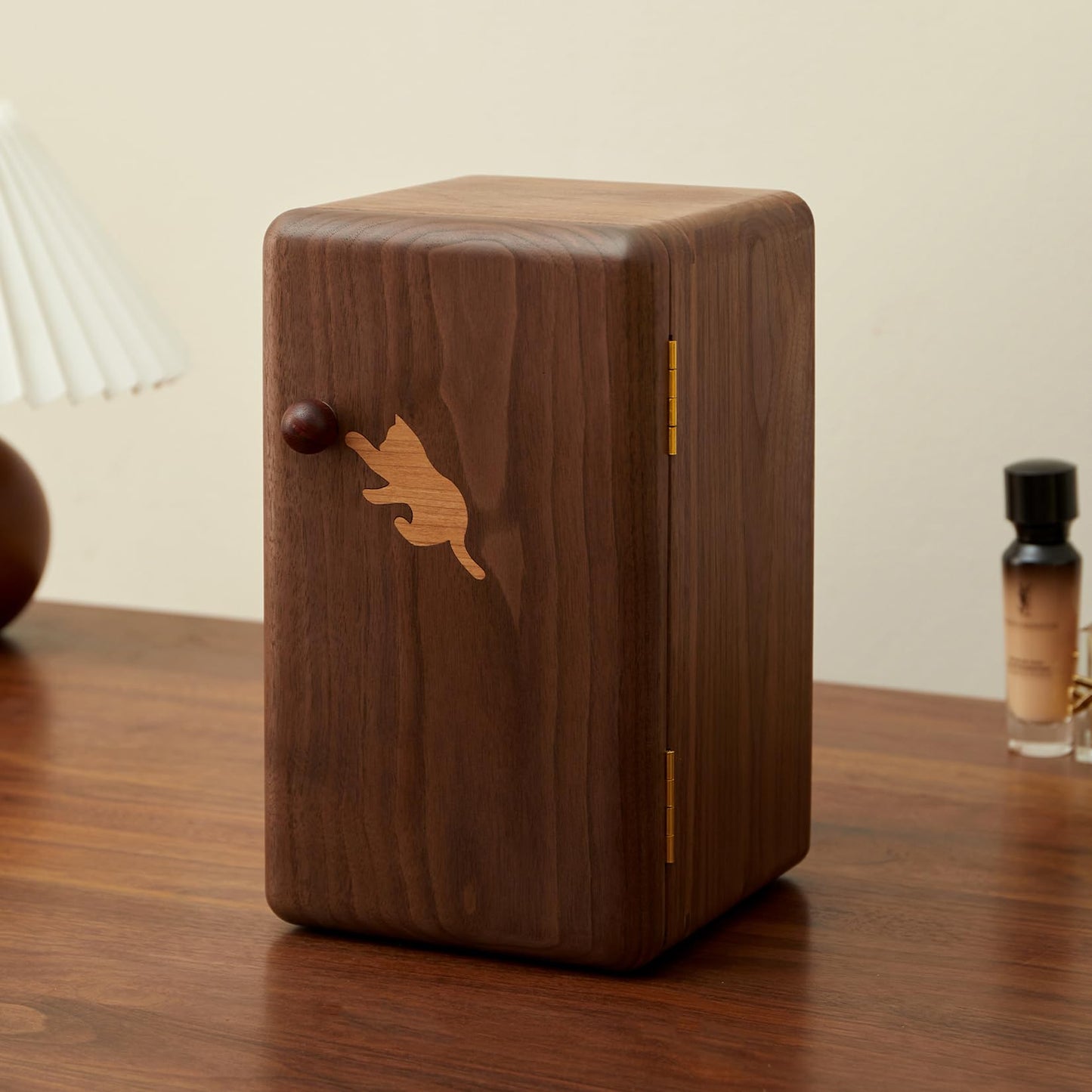 THFLSTR Black Walnut Solid Wood Cabinet Jewelry Box for Women, Large Velvet Lined Organizer with 6 Drawers, Cherry Wood Cat Inlays, Rosewood Handles, Gift for Her