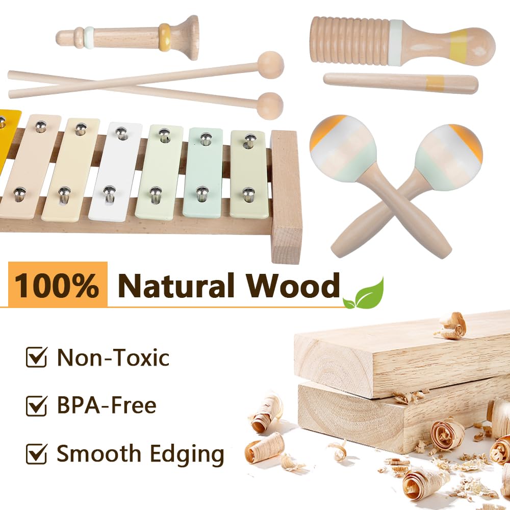 Baby Musical Instruments-Montessori Wooden Toys for Toddlers,Neutral Colors Percussion Instruments Set with Modern Boho Xylophone for Kids Preschool Educational (Neutral)