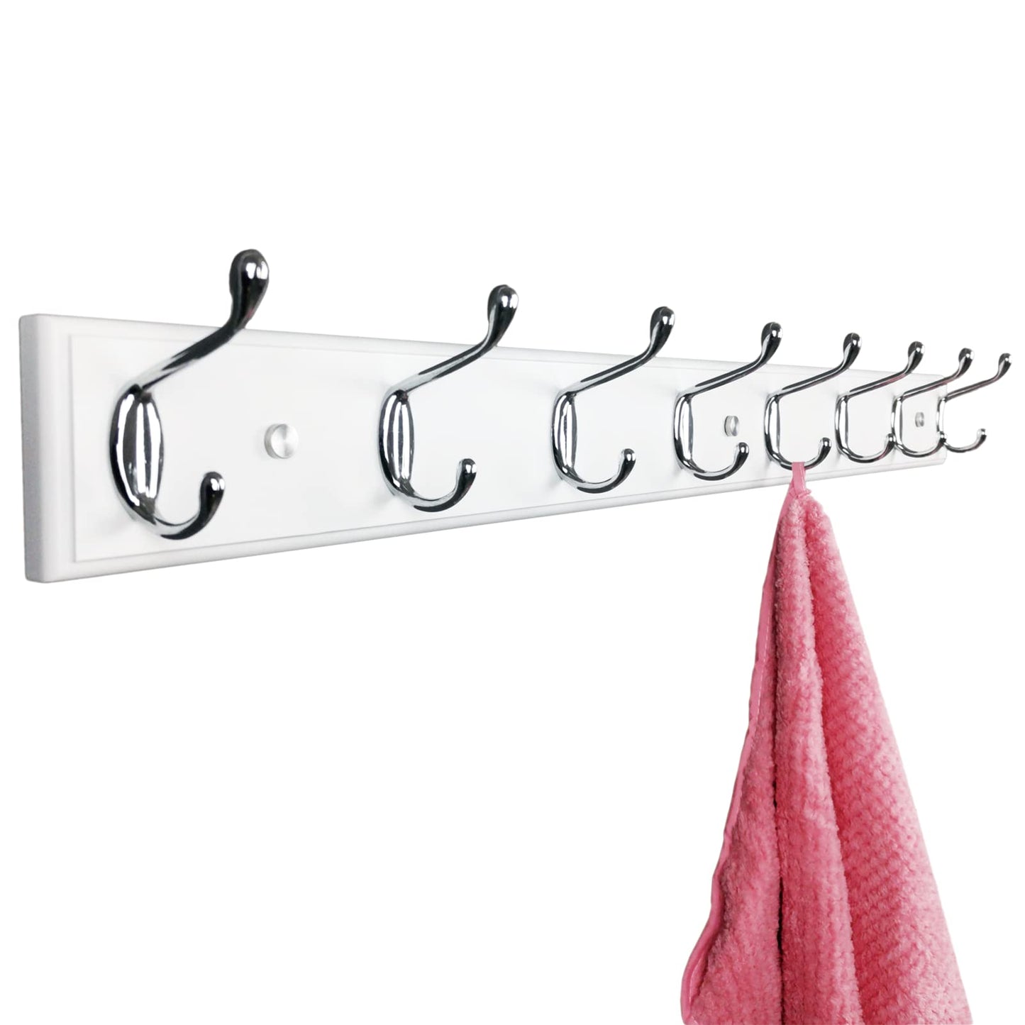 lomejii Wooden Wall Mounted Coat Rack – 31 Inch, White with 8 Silver Hooks for Entryway, Hallway, Bedroom