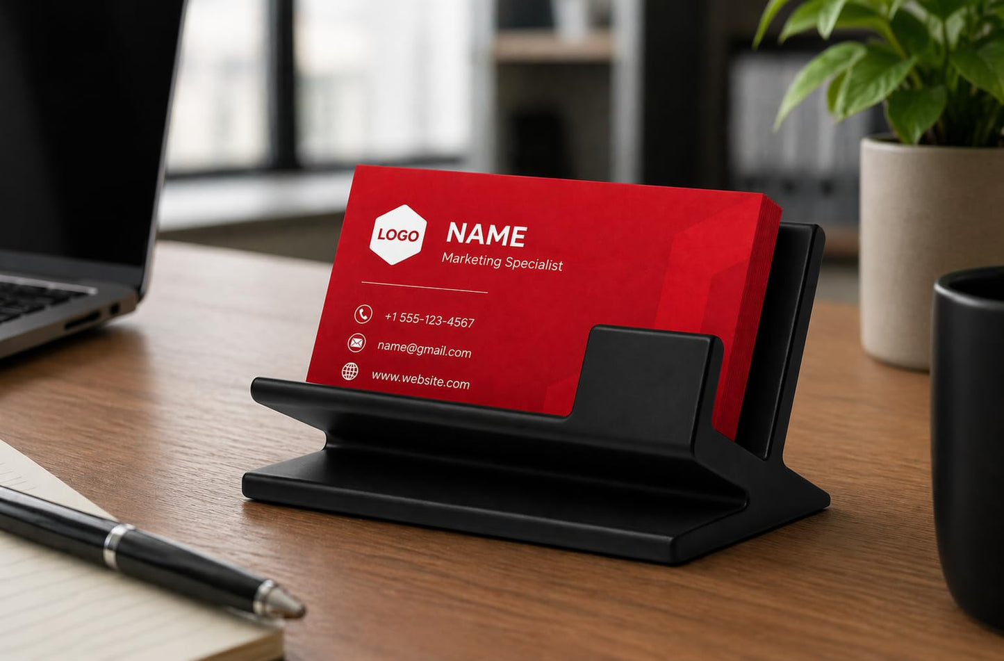 Business Card Holder for Desk – Modern Black Card Display, Stylish Office Desk Accessory for Men & Women