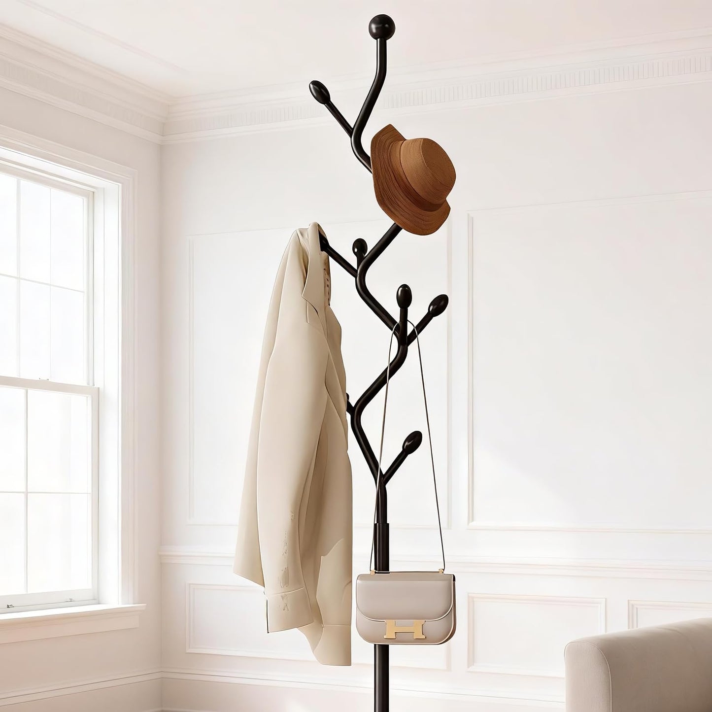 ZEYEXE Tree-shaped coat rack,Coat Tree Freestanding with 8 Hooks and Sturdy Metal Base for Coat Hats Purses,Coat Stand for Entryway,Bedroom