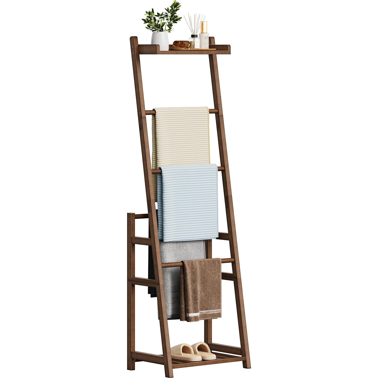 HOOBRO Blanket Ladder, 3-Tier Towel Rack, Bamboo Blanket Rack, Blanket Stand, Blanket Ladders for Bedroom, Quilt Ladder for Living Room, Bedroom, Decorative Display Ladder Shelf, Mocha MA124CJ01