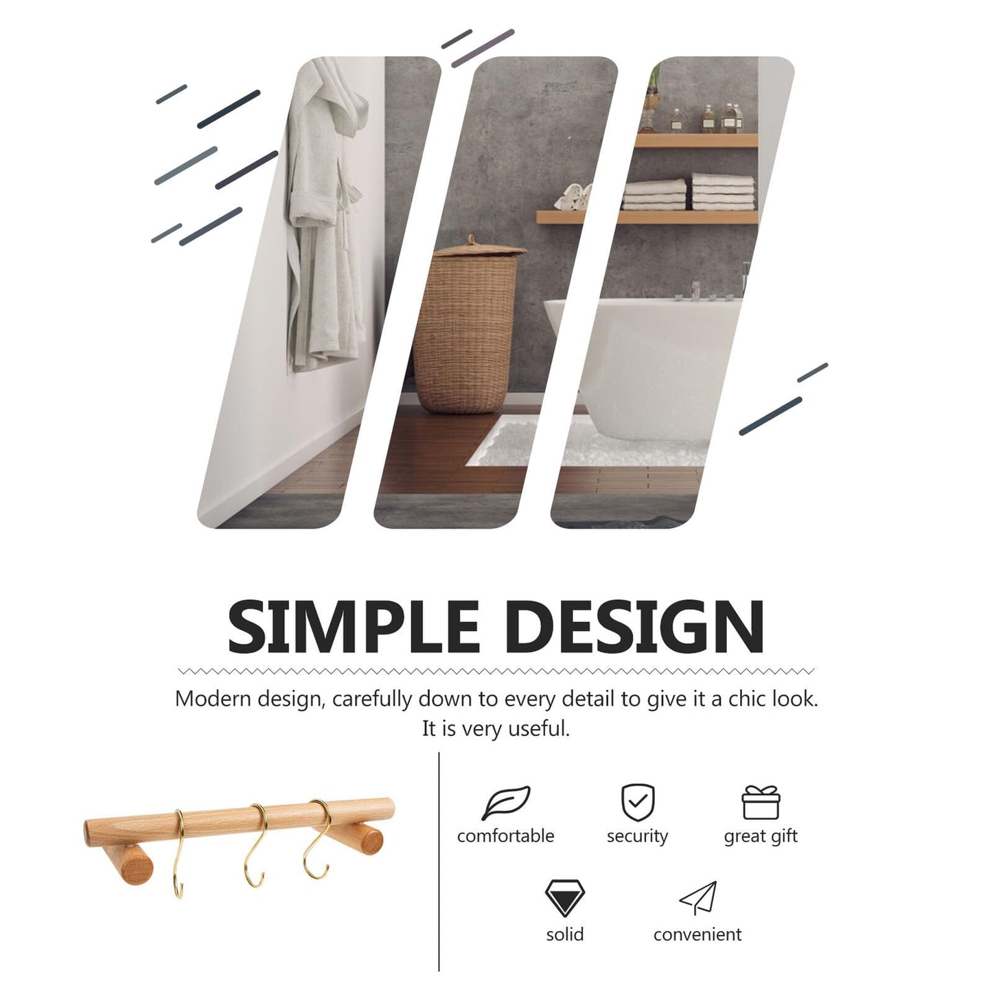 HOMOCONO Wooden Towel Rack Wall-Mounted Bathroom and Kitchen Towel Bar Installation with Brass S-Hooks Corrosion-Resistant Single Rod Holder for Quick Drying
