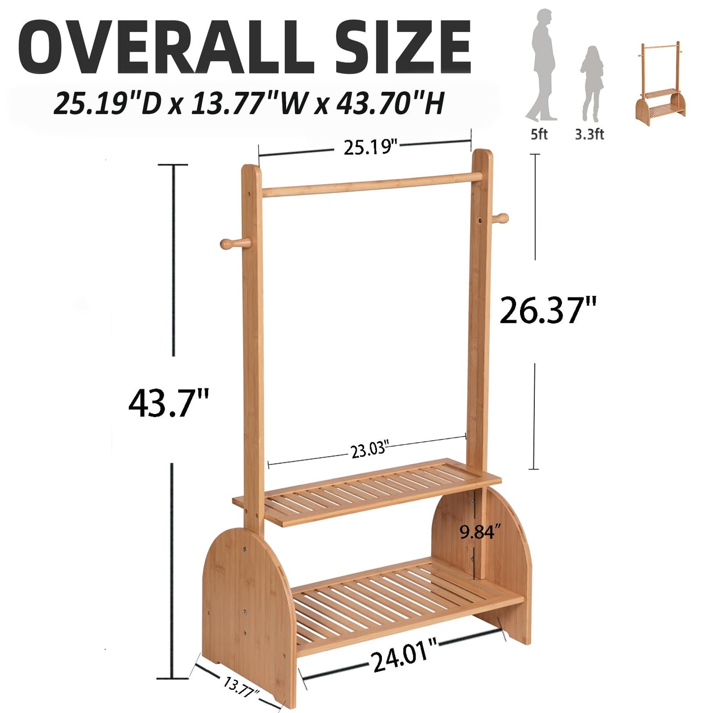 BAMBOOHOMIE Kids Clothing Rack with Adjustable Rods, Children Clothes Garment Rack for Kids Baby Pet, Kids Dress Up Rack with 2 Bottom Shelves, Kids Wardrobe Closet for Toddlers Nursery (Natural)
