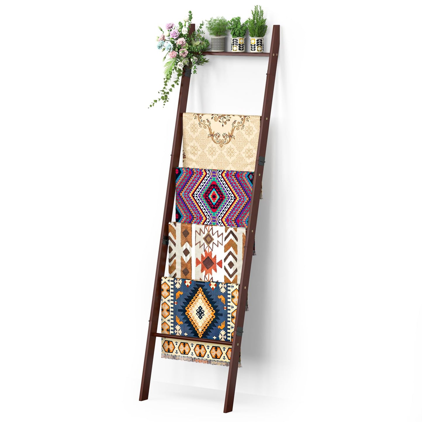 BAMBANG 6-Tier Blanket Ladder for Living Room, Blanket Quilt Ladder Rack Rustic Decorative Towel Holder, Wall Leaning Blanket Ladder Shelf Storage Farmhouse Decor for Bedroom Bathroom, Brown