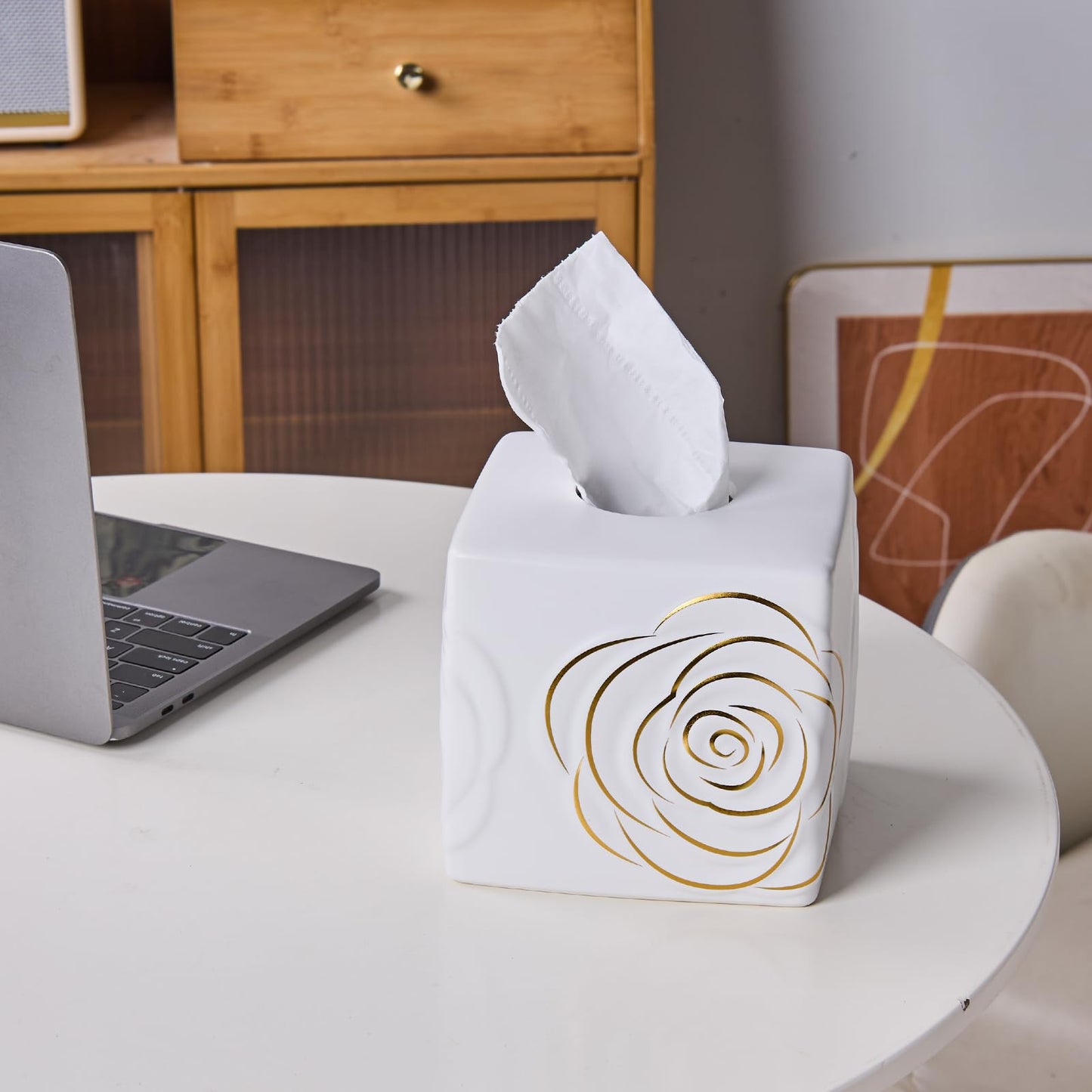White Ceramic Cube Tissue Box Cover with Gold Rose – Large Elegant Rose Floral Square Decorative Tissue Box Holder for Bathroom, Bedroom, Office Desk, Kitchen Counter – Perfect Housewarming Gift