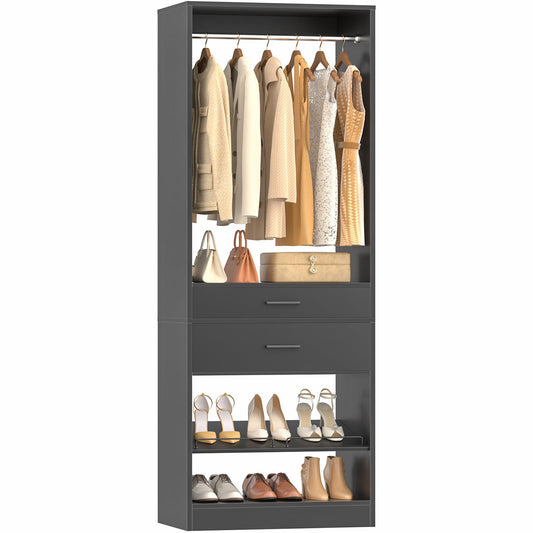 Unikito 25" W x 80" H Closet Organizer Storage with Hanging Rod and 2 Wooden Drawer, Adjustable Angled Shoes Rack, Sturdy Garment Racks, Walk-in Closet Tower for Bedroom, Mudroom, and Entryway, Black