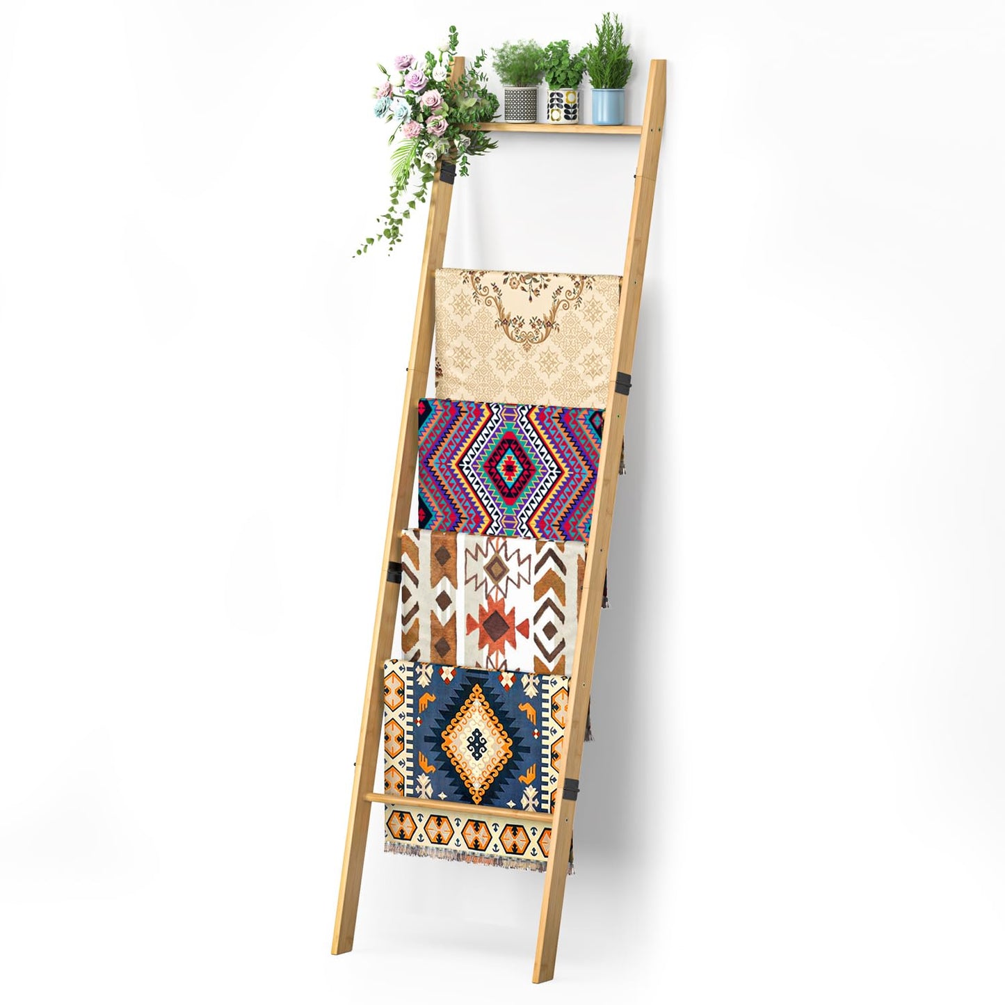 BAMBANG 6-Tier Blanket Ladder for Living Room, Blanket Quilt Ladder Rack Rustic Decorative Towel Holder, Wall Leaning Blanket Ladder Shelf Storage Farmhouse Decor for Bedroom Bathroom, Natural