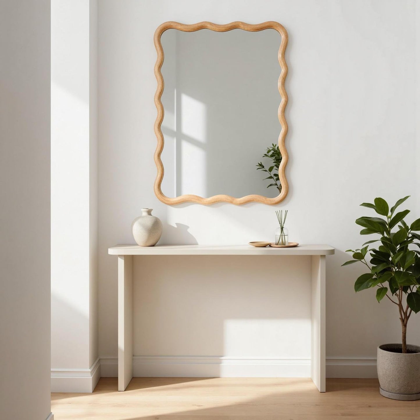 H HOMEWINS Natural Rectangular Mirror for Wall 20x28 Inch Wooden Wavy Bathroom Farmhouse Country Vanity Large Irregular Mirror for Nursery Entryway Living Room