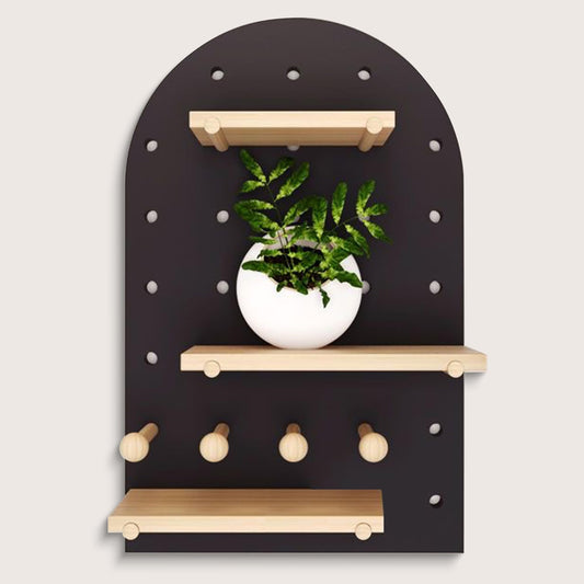 LIYAOLI Arched Wood Pegboard Shelf - 16 x 24 Inch Boho Wall Shelf with Wooden Pegs & Dividers, Natural Wall Decor for Home Office Nursery Decor, Floating Shelf & Storage Organizer (Black)