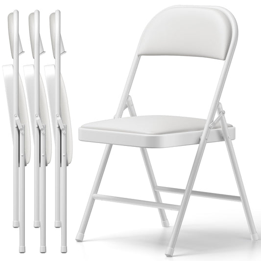 FurniEdge Padded Folding Chairs 4 Pack, PU Leather Folding Chairs for Outside and Indoor, Heavy Duty Portable Foldable Metal Chairs for Home Office, Dorm, Party, Backyard, Patio, White