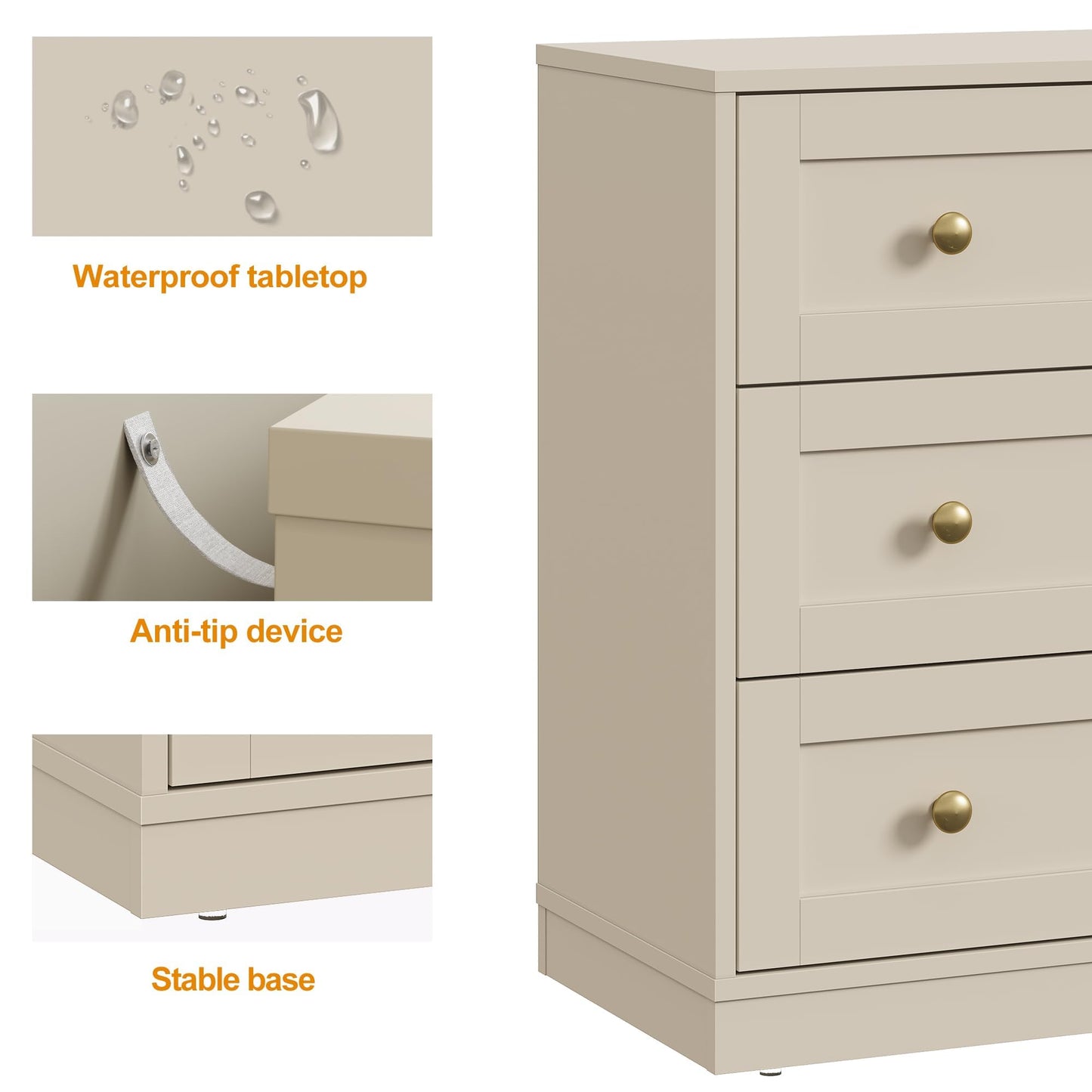 RoyalCraft Small 3 Drawer Dresser Set of 2, Beige Dresser for Bedroom, Wood Nightstand with Drawers, Modern Chest of Drawers for Closet, Living Room, Entryway