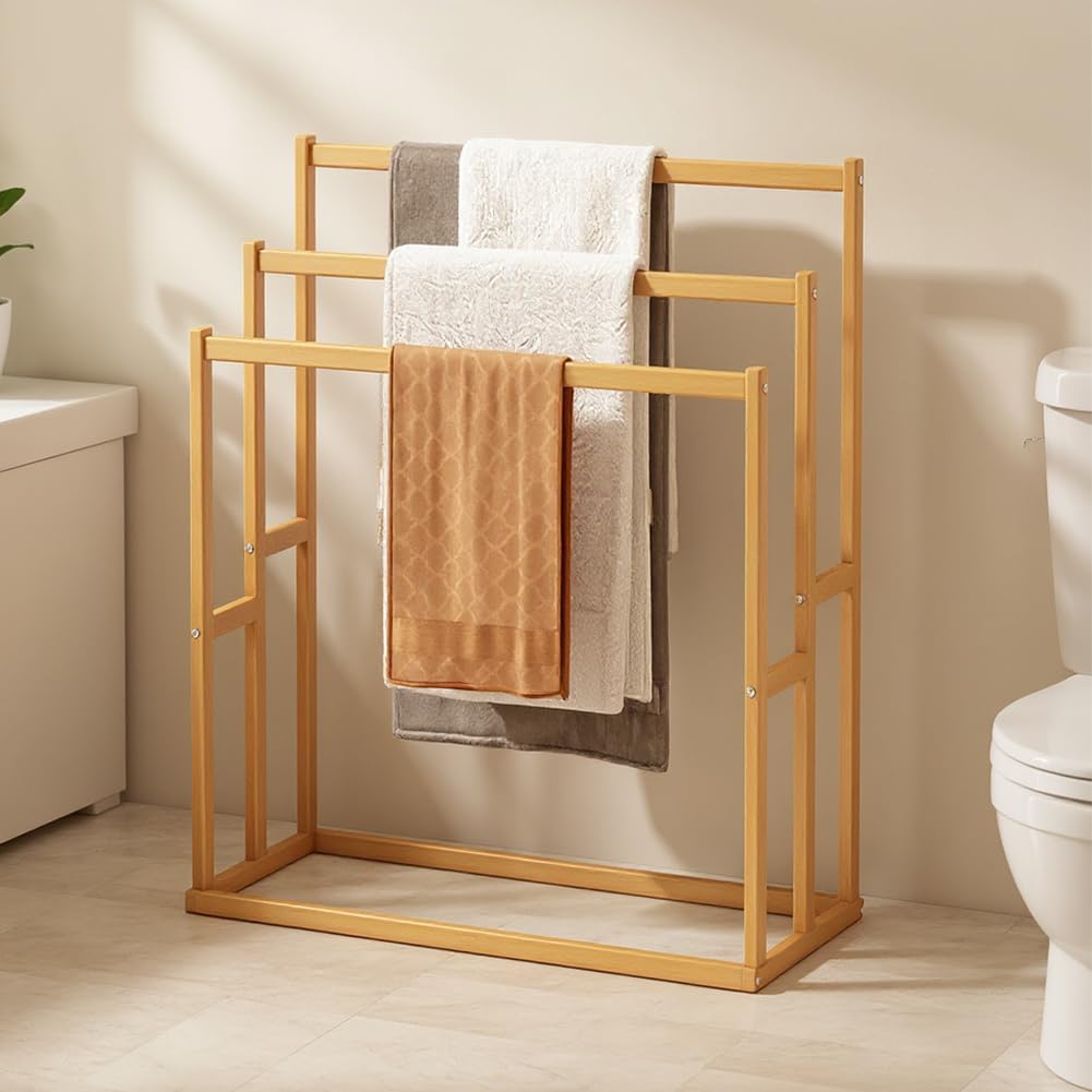 3-Tier Freestanding Towel Rack, Wooden Blanket Ladder with 3 Crossbars & Bottom Shelf, Rustic Brown Storage Stand for Bathroom Living Room Bedroom