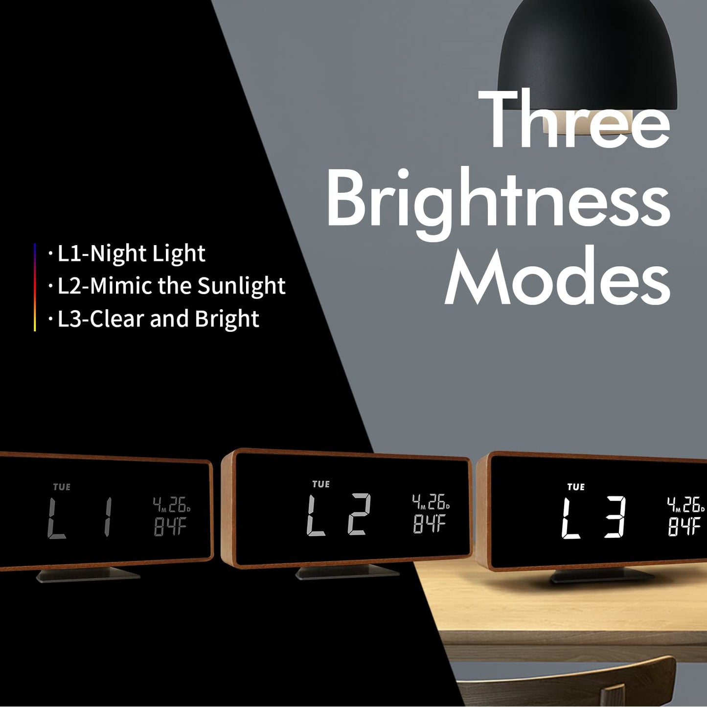 SCOAGE Wooden Digital Alarm Clock with Bluetooth Speaker Temperature Date Smart Electric Digital Bedside Clocks Night Light Table Snooze Large Display Alarm Clock Decor for Desk Bedroom Kid' s Room