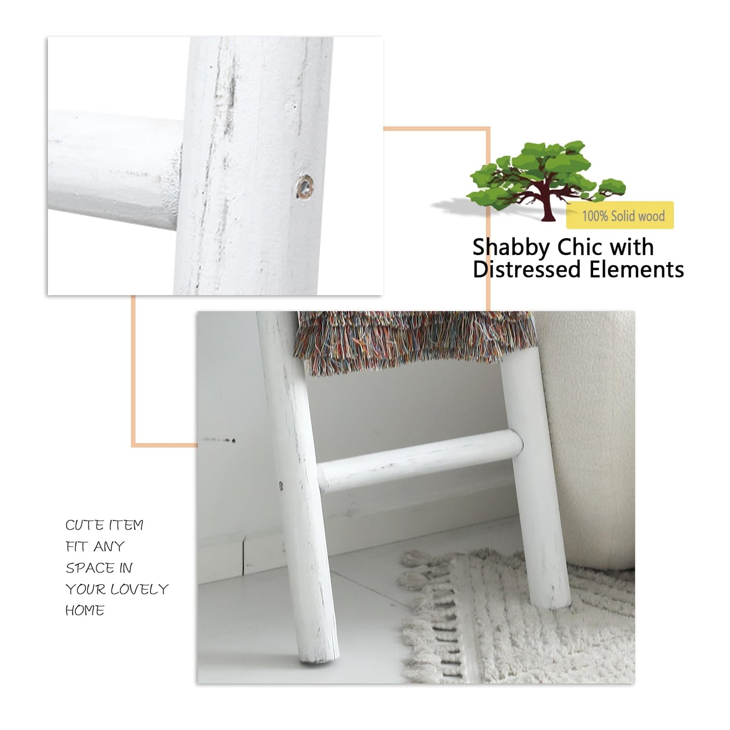 FUIN 57in Wood Blanket Ladder Living Room Decorative Wall Leaning Farmhouse Quilt Display Holder Rustic Wooden Towel Rack for Bathroom, White