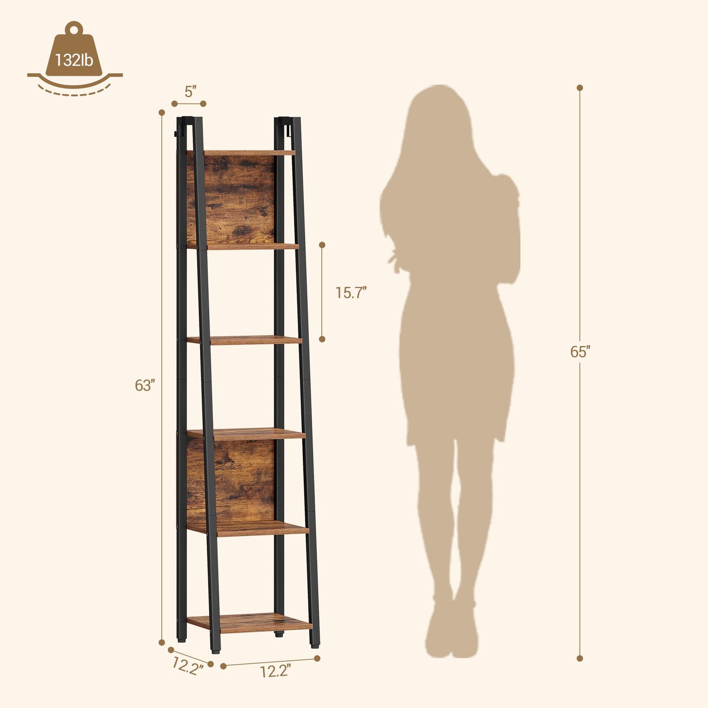 Hzuaneri Ladder Shelf, 6-Tier Narrow Bookshelf with 2 Back Panels, Industrial Ladder Shelf with 2 Hooks, for Home Office, Living Room and Bedroom, 12.2" D x 12.2" W x 63" H, Rustic Brown BC31601B