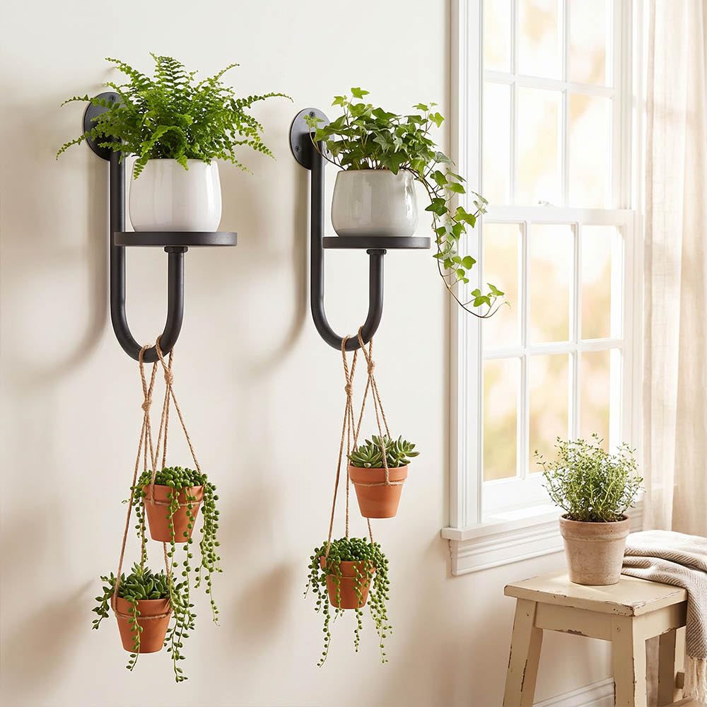 SJBFOOXB Wall Plant Holder Set of 2 for Outdoor, Metal Hanger, Floating Flower Display Stand for Window, Space Saving & Easy to Assemble (Pots/Plants Not Included)