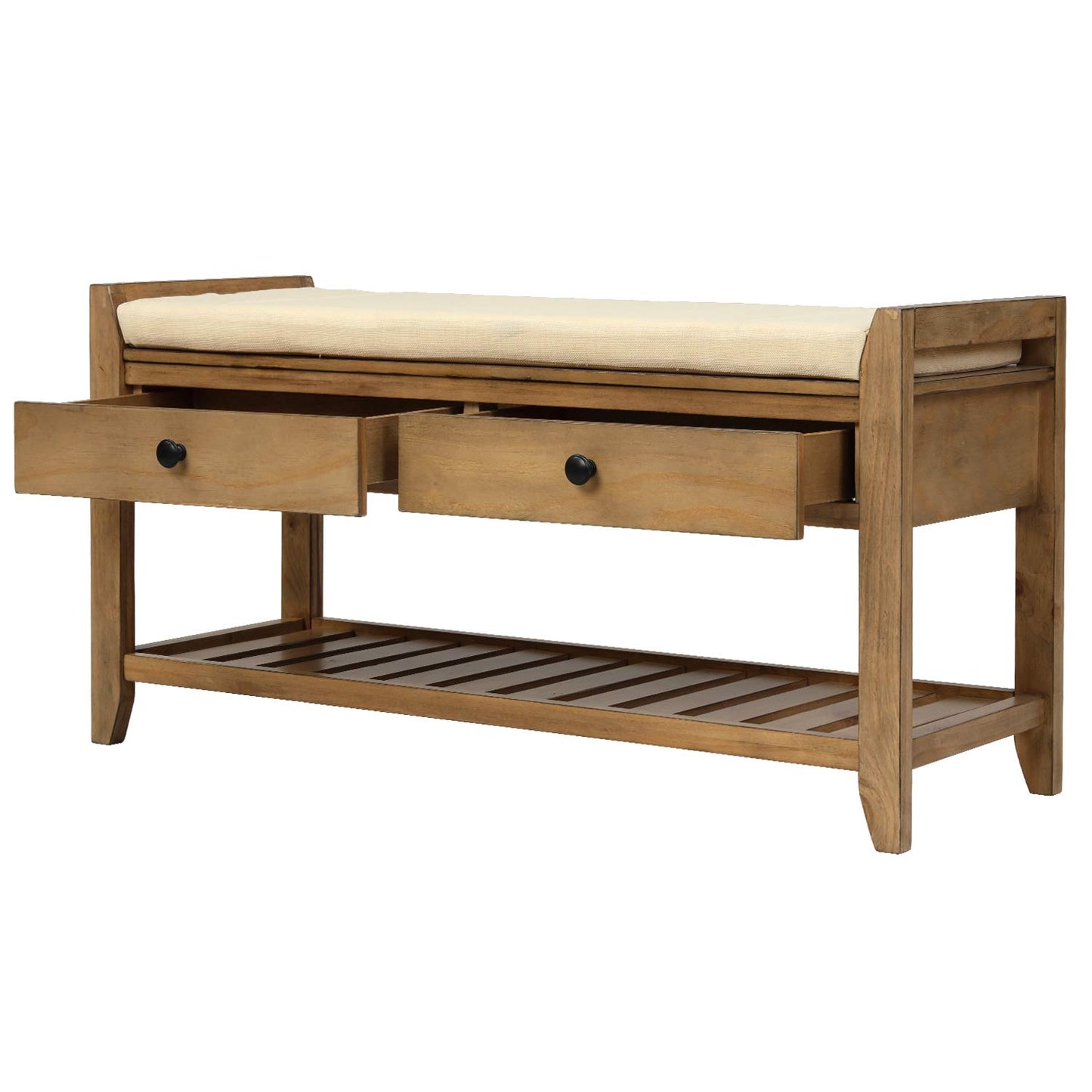 SPOFLYINN FQGXX_KITHJGUJW Gray White with Cushion Wooden Shelf Drawer Living Room Shoe Rack Bedroom Storage Seating Bench, One Size, Old Pine