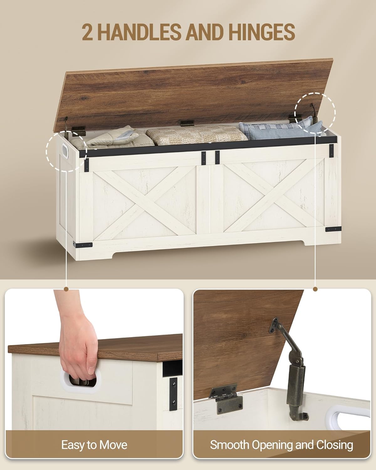 Hzuaneri 47.2" Storage Chest, Large Storage Trunk with 2 Hinges, Farmhouse Wooden Box Bench, Lift-Top Organizer Chest, Entryway Trunk for Bedroom, Living Room, White and Brown SB12114X