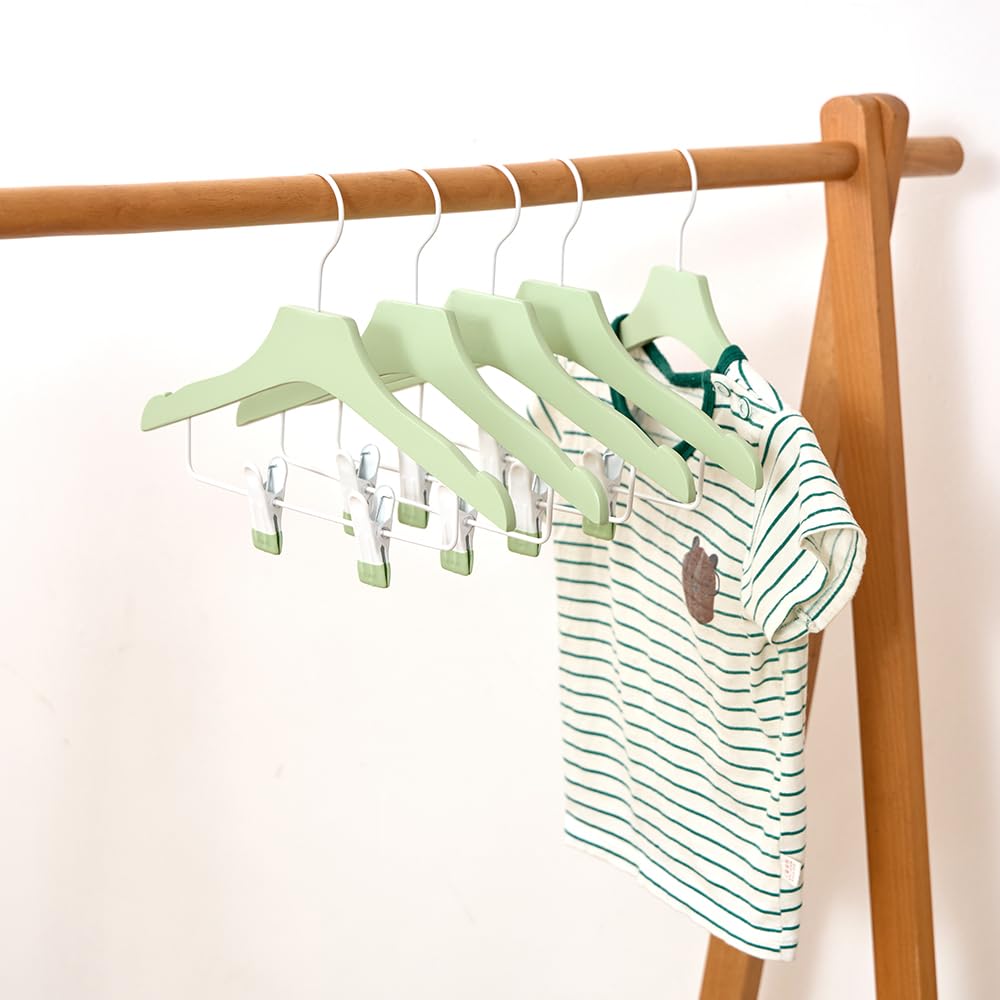 HELEE Green 12.7" Ultra-Thin Wooden Children Closet Clothes Clips Hangers 20PCS Wood Baby Kids Coat Hangers for Infant Toddler Newborn Jumpsuit Pants Skirts Jeans Space Saving Heavy Duty Durable
