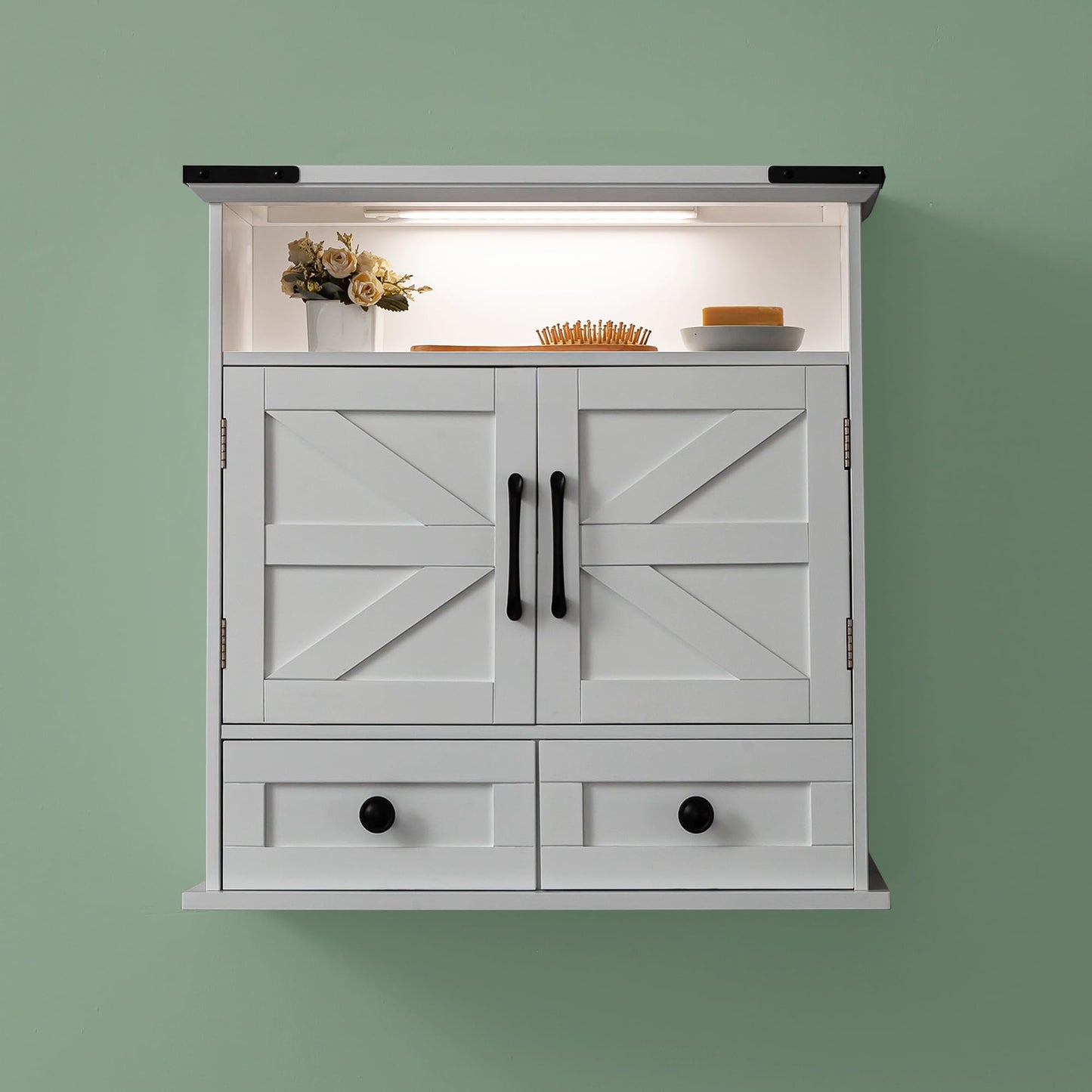 OONNEE Bathroom Wall Cabinet, 23" x 25" Farmhouse Over The Toilet Storage with Motion LED Light & Safety Drawers, Wooden Medicine Cabinet, Water-Resistant White Organizer (9" Depth)