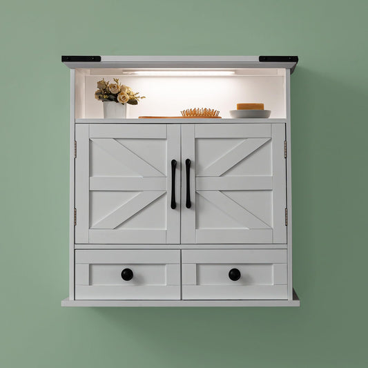 OONNEE Bathroom Wall Cabinet, 23" x 25" Farmhouse Over The Toilet Storage with Motion LED Light & Safety Drawers, Wooden Medicine Cabinet, Water-Resistant White Organizer (9" Depth)