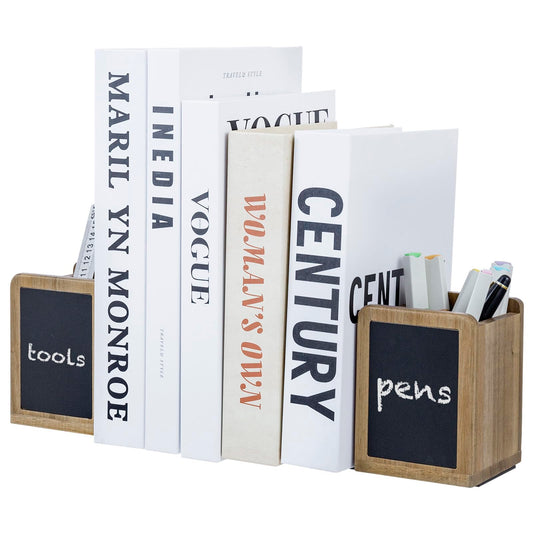 MyGift Wood Bookends and Pen Holders with Chalkboard Labels, Book Ends for Office Desk Shelves, Natural Wooden Rectangular Pencil Cups, Premium Acacia, 1 Pair